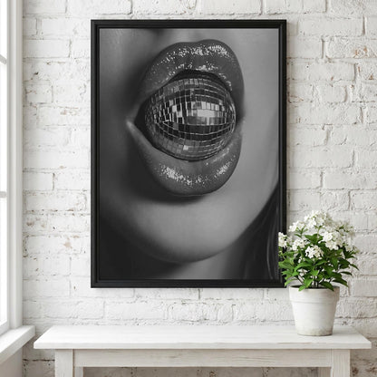 Disco Ball Lips Closeup Poster | Black and White Photography Print | Vintage Glam Wall Art | Retro Nightlife Decor