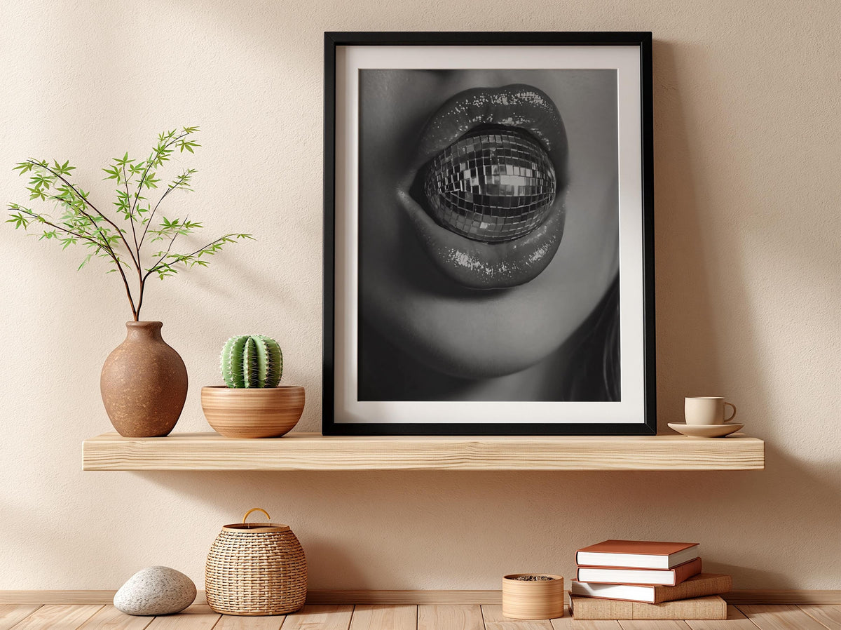 Disco Ball Lips Closeup Poster | Black and White Photography Print | Vintage Glam Wall Art | Retro Nightlife Decor