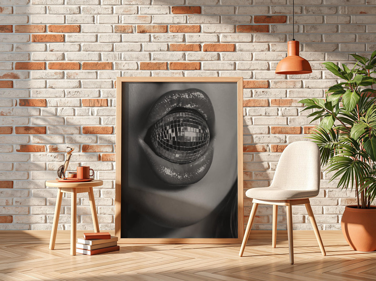 Disco Ball Lips Closeup Poster | Black and White Photography Print | Vintage Glam Wall Art | Retro Nightlife Decor