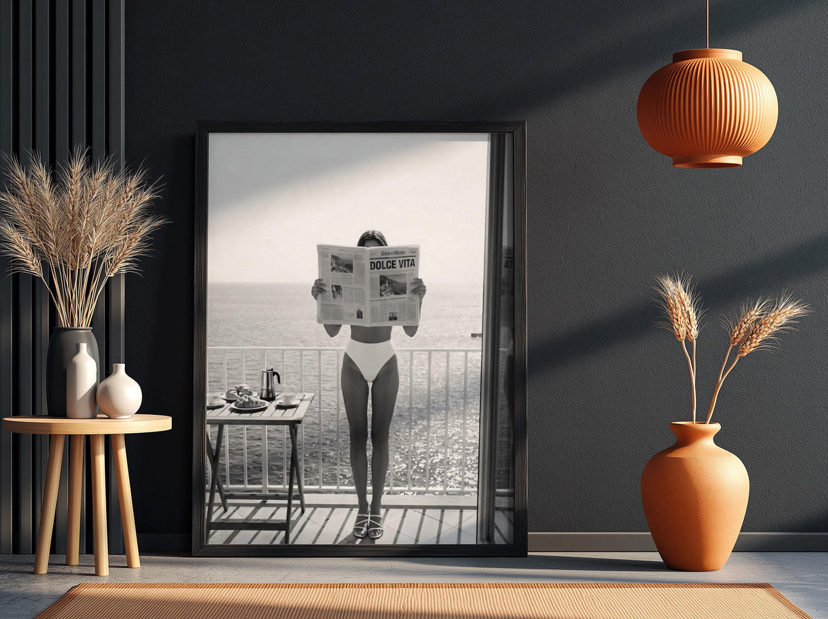 Balcony Breakfast Newspaper Poster | Black and White Photography Print | Vintage Lifestyle Wall Art | Retro Morning Decor