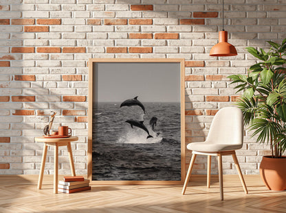 Dolphins Leaping Above Waves Poster | Black and White Photography Print | Vintage Ocean Wall Art | Retro Coastal Nature Decor