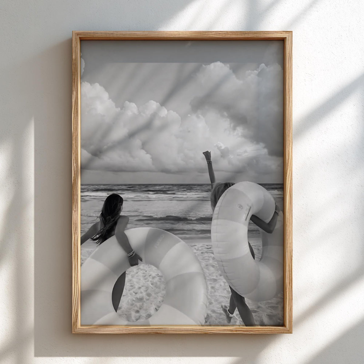 Friends Running With Pool Floats Poster | Black and White Photography Print | Vintage Summer Wall Art | Retro Pool Lifestyle Decor
