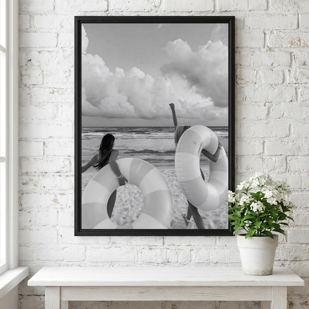 Friends Running With Pool Floats Poster | Black and White Photography Print | Vintage Summer Wall Art | Retro Pool Lifestyle Decor