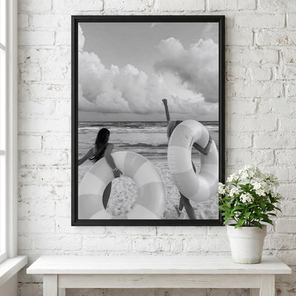Friends Running With Pool Floats Poster | Black and White Photography Print | Vintage Summer Wall Art | Retro Pool Lifestyle Decor