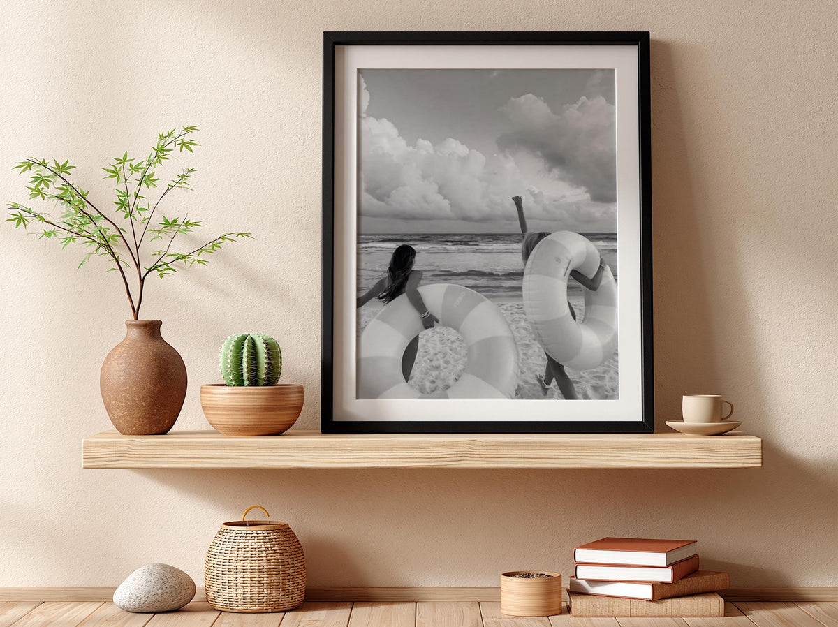 Friends Running With Pool Floats Poster | Black and White Photography Print | Vintage Summer Wall Art | Retro Pool Lifestyle Decor