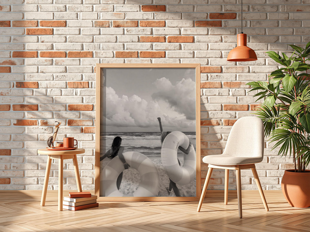 Friends Running With Pool Floats Poster | Black and White Photography Print | Vintage Summer Wall Art | Retro Pool Lifestyle Decor