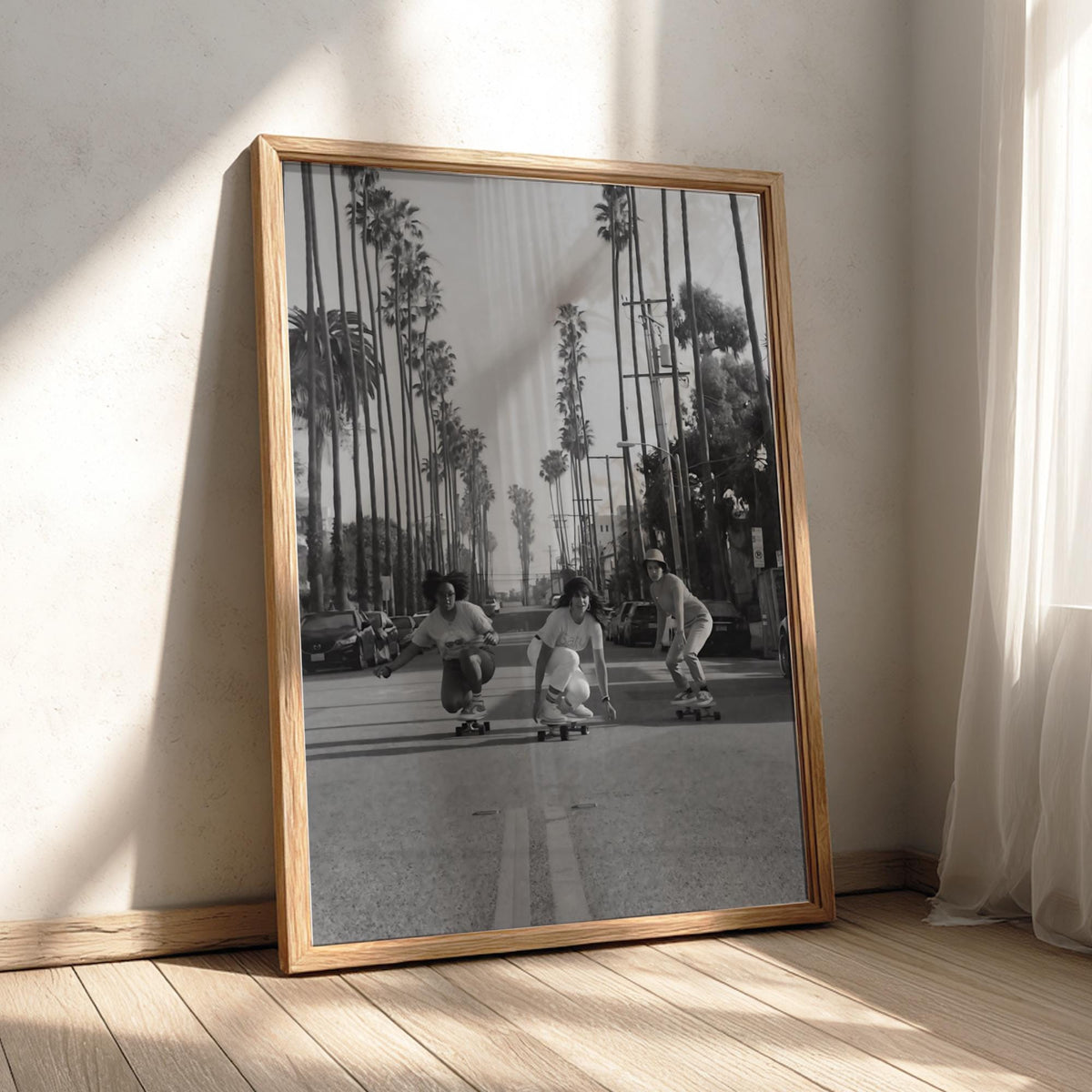 Girls Skateboarding Palm Street Poster | Black and White Photography Print | Vintage Summer Wall Art | Retro Street Lifestyle Decor