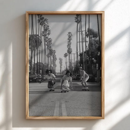 Girls Skateboarding Palm Street Poster | Black and White Photography Print | Vintage Summer Wall Art | Retro Street Lifestyle Decor