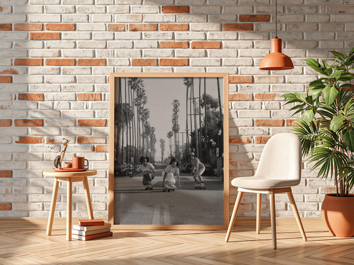 Girls Skateboarding Palm Street Poster | Black and White Photography Print | Vintage Summer Wall Art | Retro Street Lifestyle Decor