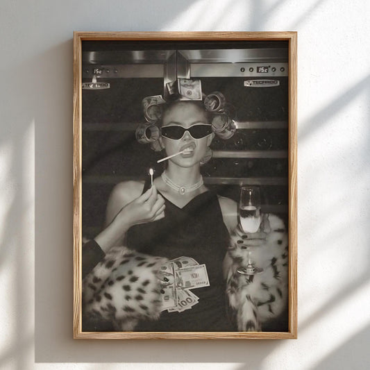 Glam Woman Curlers Cash Fur Poster | Black and White Photography Print | Vintage Luxury Wall Art | Retro Fashion Decor