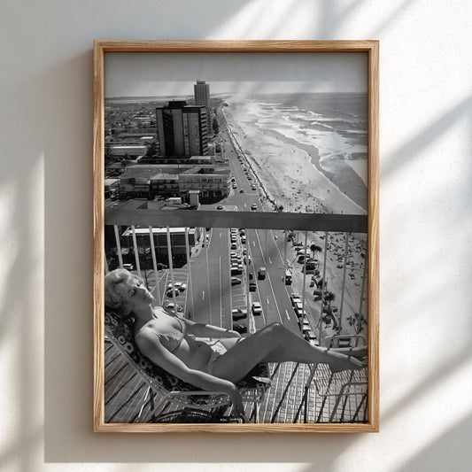 Gold Coast Balcony Sunbather Poster | Black and White Photography Print | Vintage Summer Wall Art | Retro Coastal Lifestyle Decor