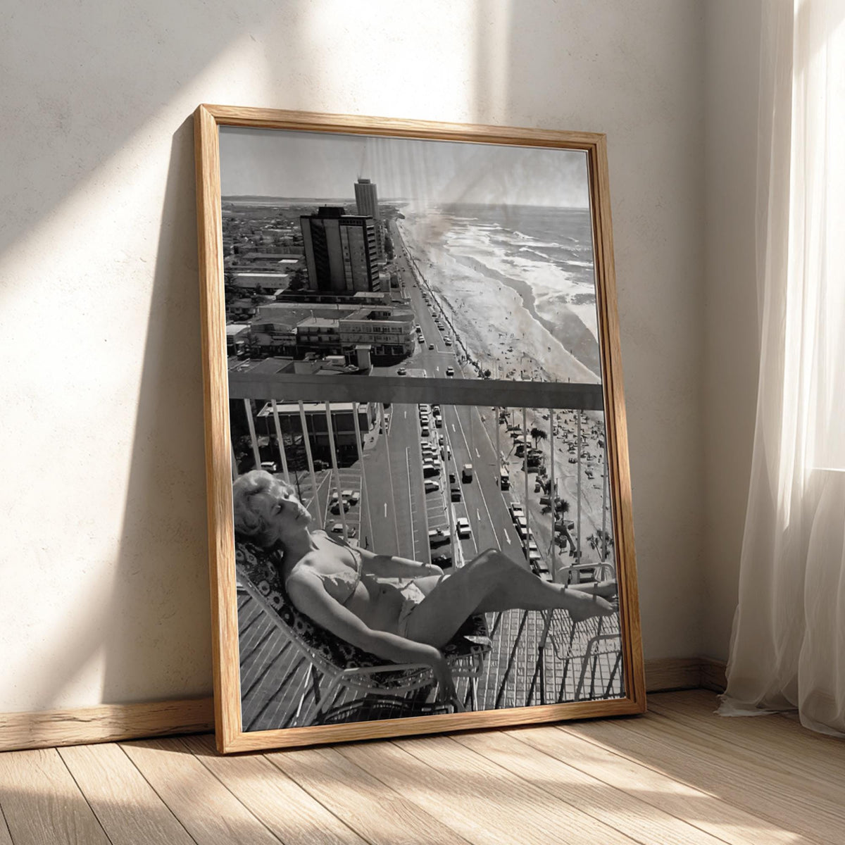Gold Coast Balcony Sunbather Poster | Black and White Photography Print | Vintage Summer Wall Art | Retro Coastal Lifestyle Decor