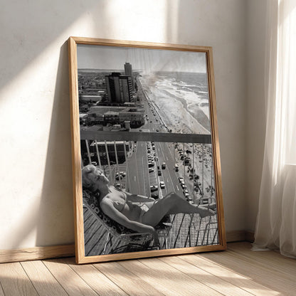 Gold Coast Balcony Sunbather Poster | Black and White Photography Print | Vintage Summer Wall Art | Retro Coastal Lifestyle Decor