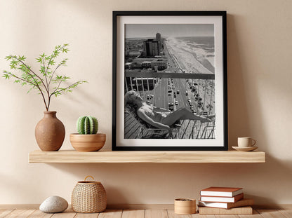 Gold Coast Balcony Sunbather Poster | Black and White Photography Print | Vintage Summer Wall Art | Retro Coastal Lifestyle Decor