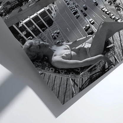 Gold Coast Balcony Sunbather Poster | Black and White Photography Print | Vintage Summer Wall Art | Retro Coastal Lifestyle Decor