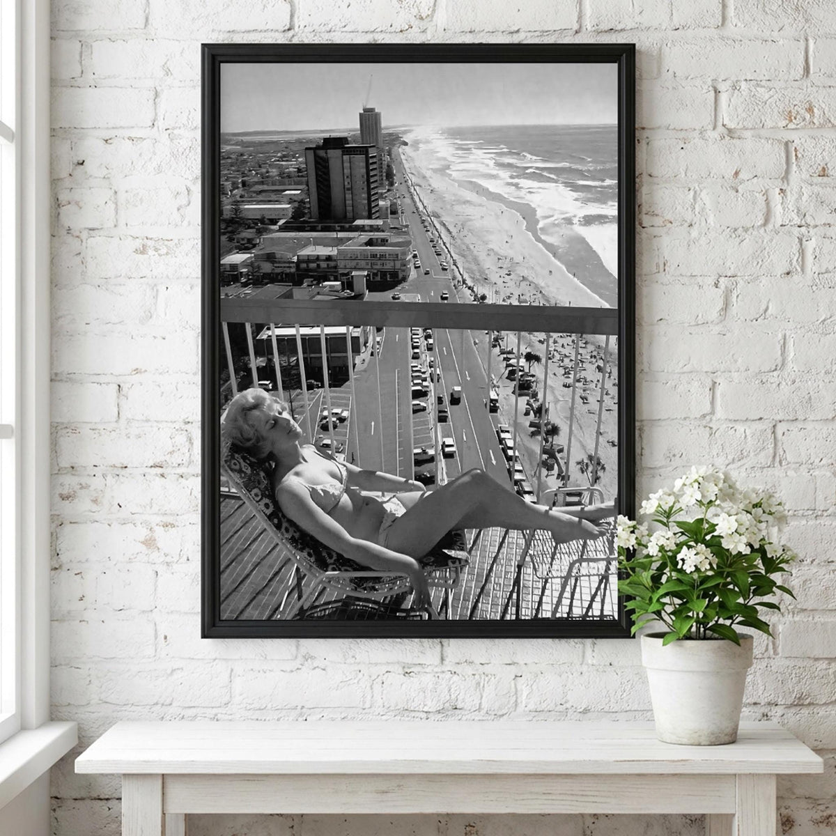 Gold Coast Balcony Sunbather Poster | Black and White Photography Print | Vintage Summer Wall Art | Retro Coastal Lifestyle Decor