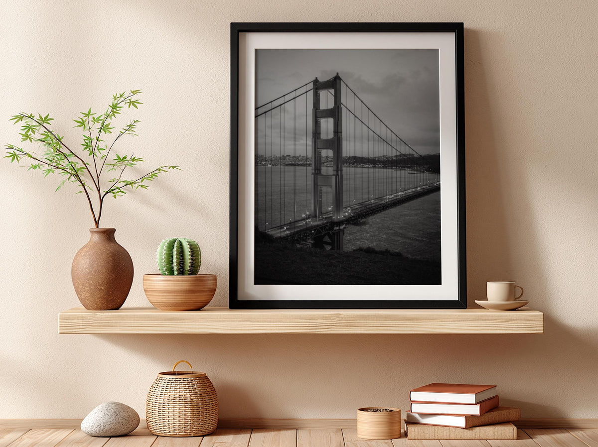 Golden Gate Bridge Dusk Poster | Black and White Photography Print | Vintage San Francisco Wall Art | Retro City Travel Decor