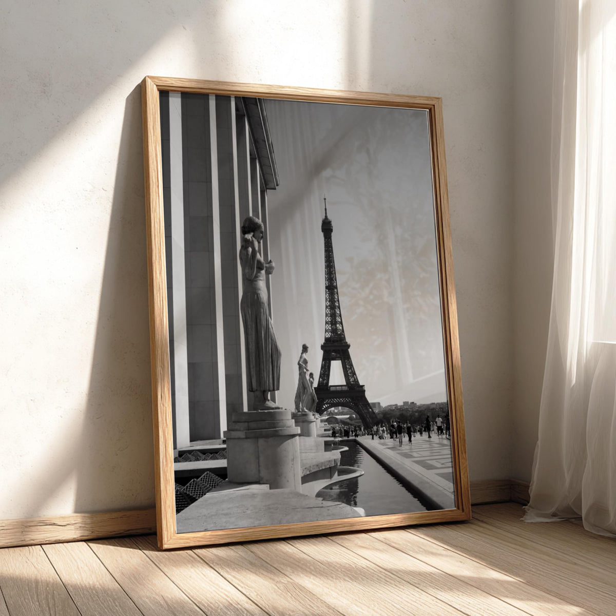 Golden Statues Eiffel Tower View Poster | Black and White Photography Print | Vintage Paris Wall Art | Retro Travel Decor