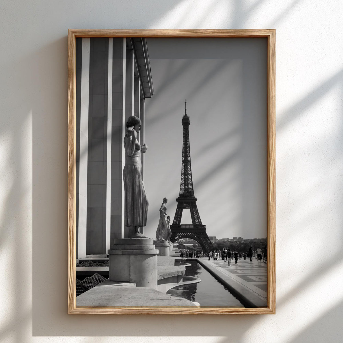 Golden Statues Eiffel Tower View Poster | Black and White Photography Print | Vintage Paris Wall Art | Retro Travel Decor