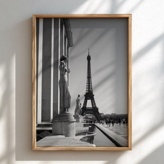 Golden Statues Eiffel Tower View Poster | Black and White Photography Print | Vintage Paris Wall Art | Retro Travel Decor