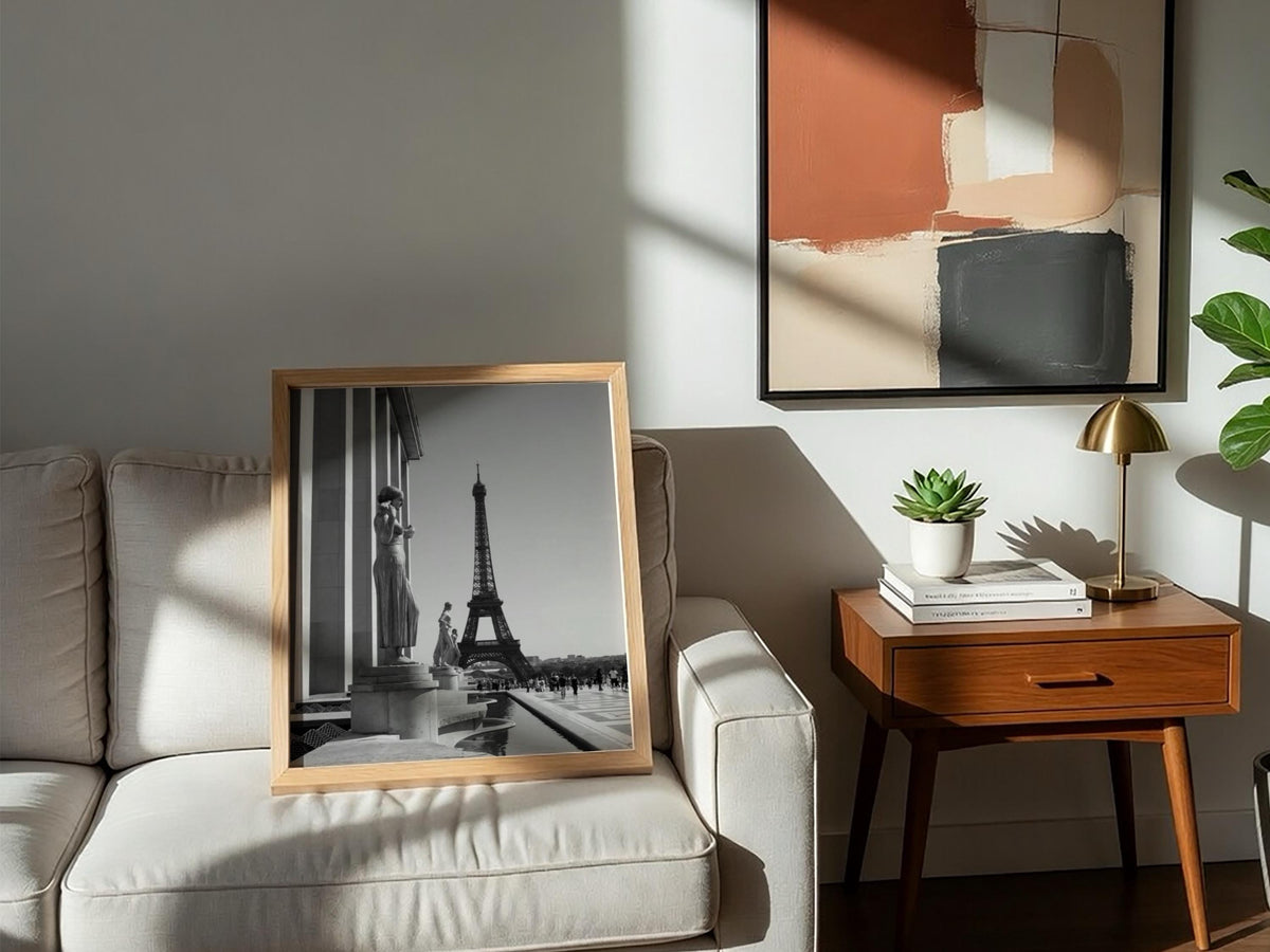 Golden Statues Eiffel Tower View Poster | Black and White Photography Print | Vintage Paris Wall Art | Retro Travel Decor
