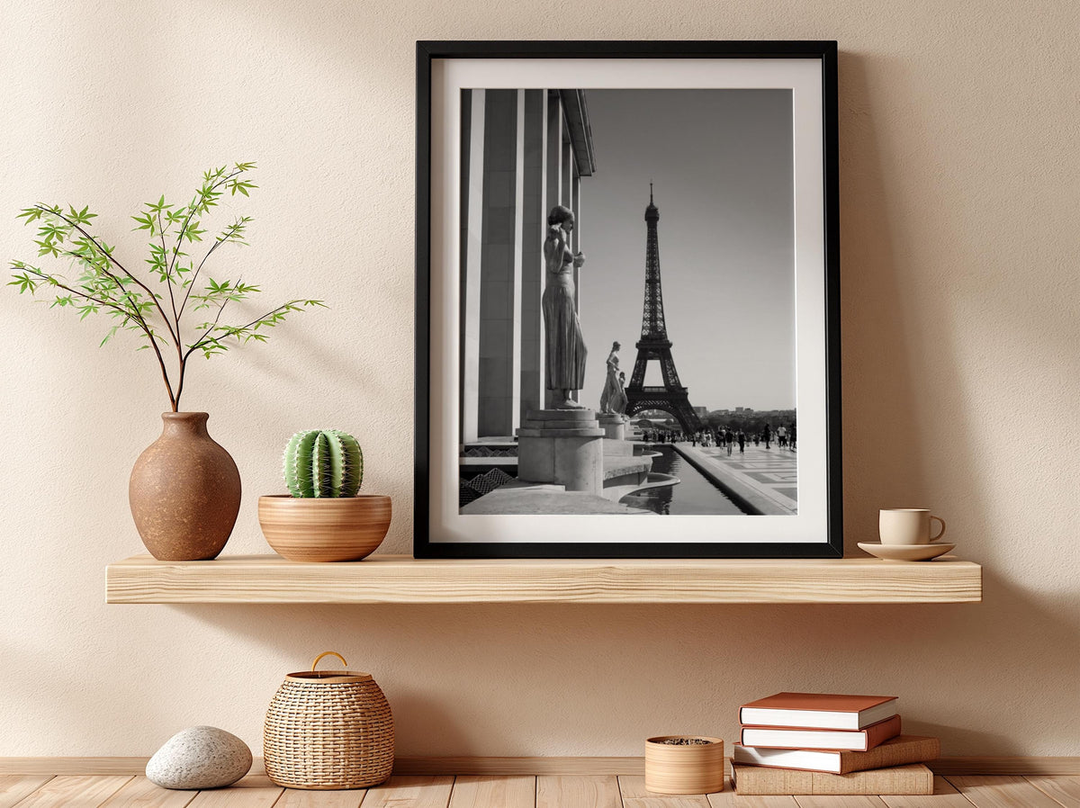 Golden Statues Eiffel Tower View Poster | Black and White Photography Print | Vintage Paris Wall Art | Retro Travel Decor