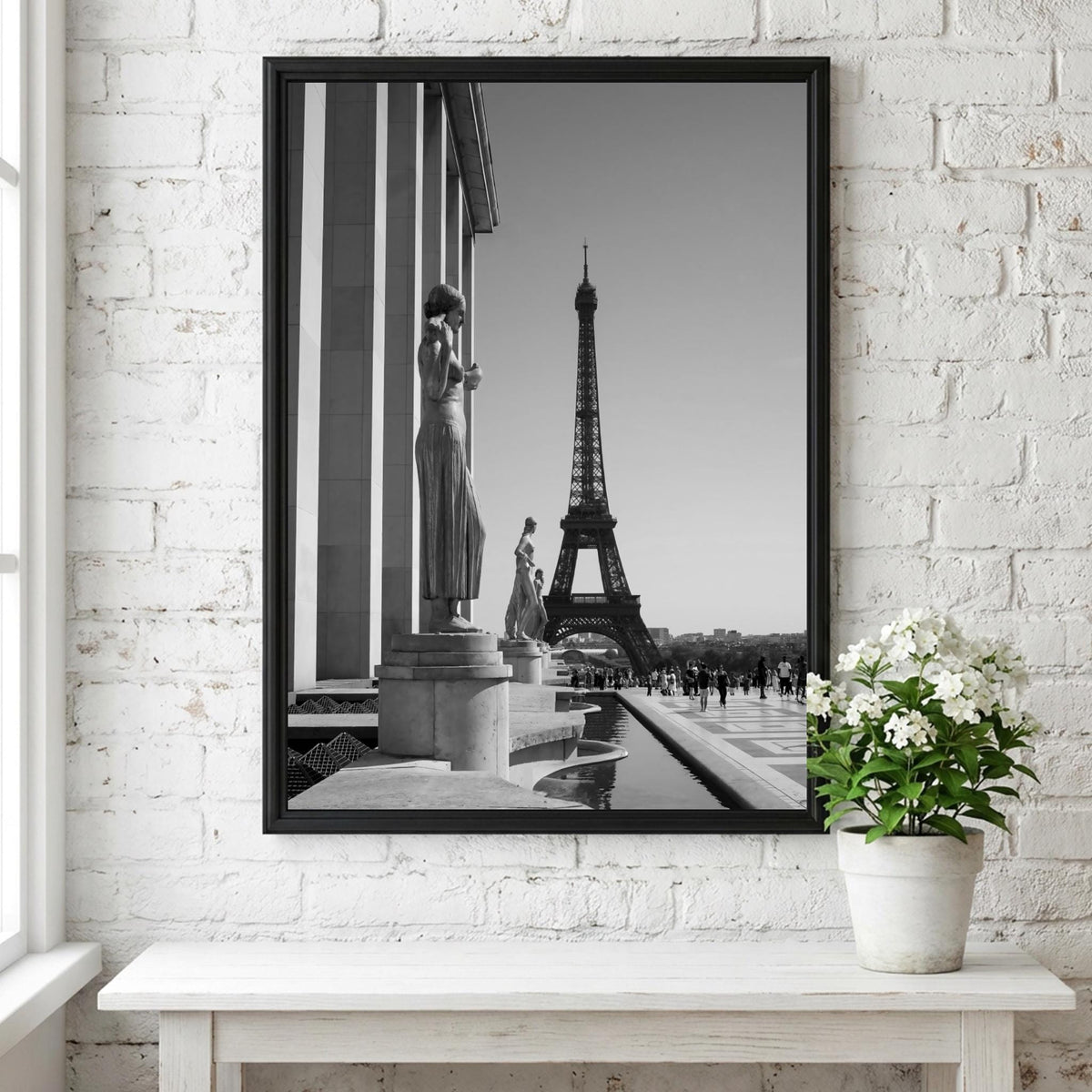 Golden Statues Eiffel Tower View Poster | Black and White Photography Print | Vintage Paris Wall Art | Retro Travel Decor