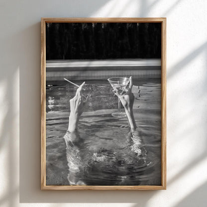 Hands Rising From Pool Poster | Black and White Photography Print | Vintage Summer Wall Art | Retro Pool Lifestyle Decor