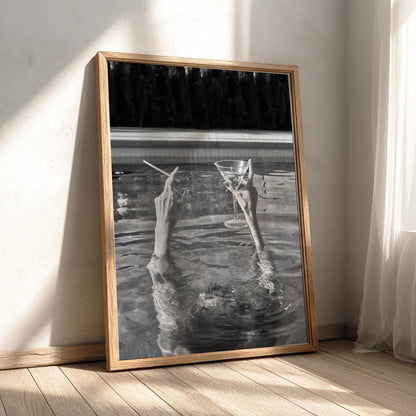 Hands Rising From Pool Poster | Black and White Photography Print | Vintage Summer Wall Art | Retro Pool Lifestyle Decor