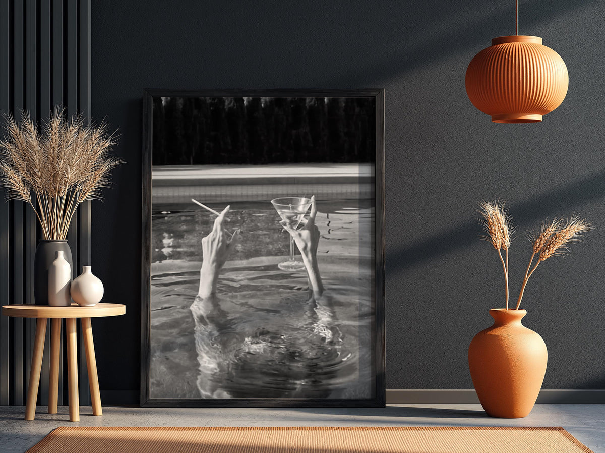 Hands Rising From Pool Poster | Black and White Photography Print | Vintage Summer Wall Art | Retro Pool Lifestyle Decor