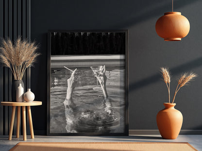Hands Rising From Pool Poster | Black and White Photography Print | Vintage Summer Wall Art | Retro Pool Lifestyle Decor