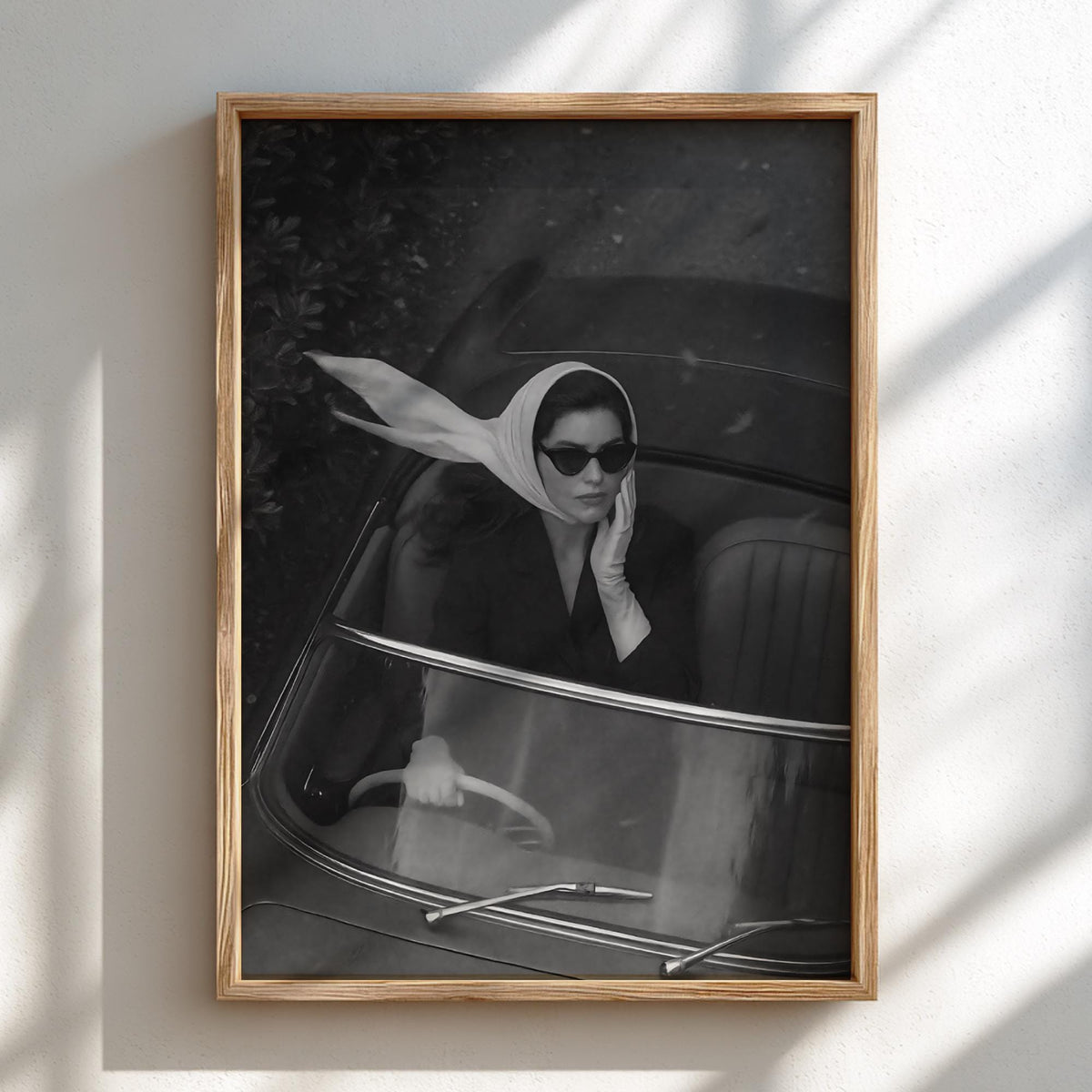 Headscarf Woman Convertible Ride Poster | Black and White Photography Print | Vintage Travel Wall Art | Retro Lifestyle Decor