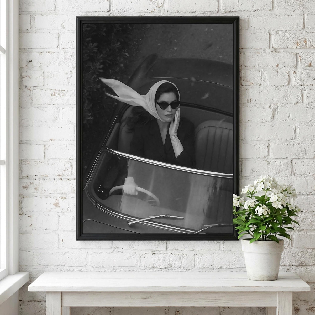 Headscarf Woman Convertible Ride Poster | Black and White Photography Print | Vintage Travel Wall Art | Retro Lifestyle Decor
