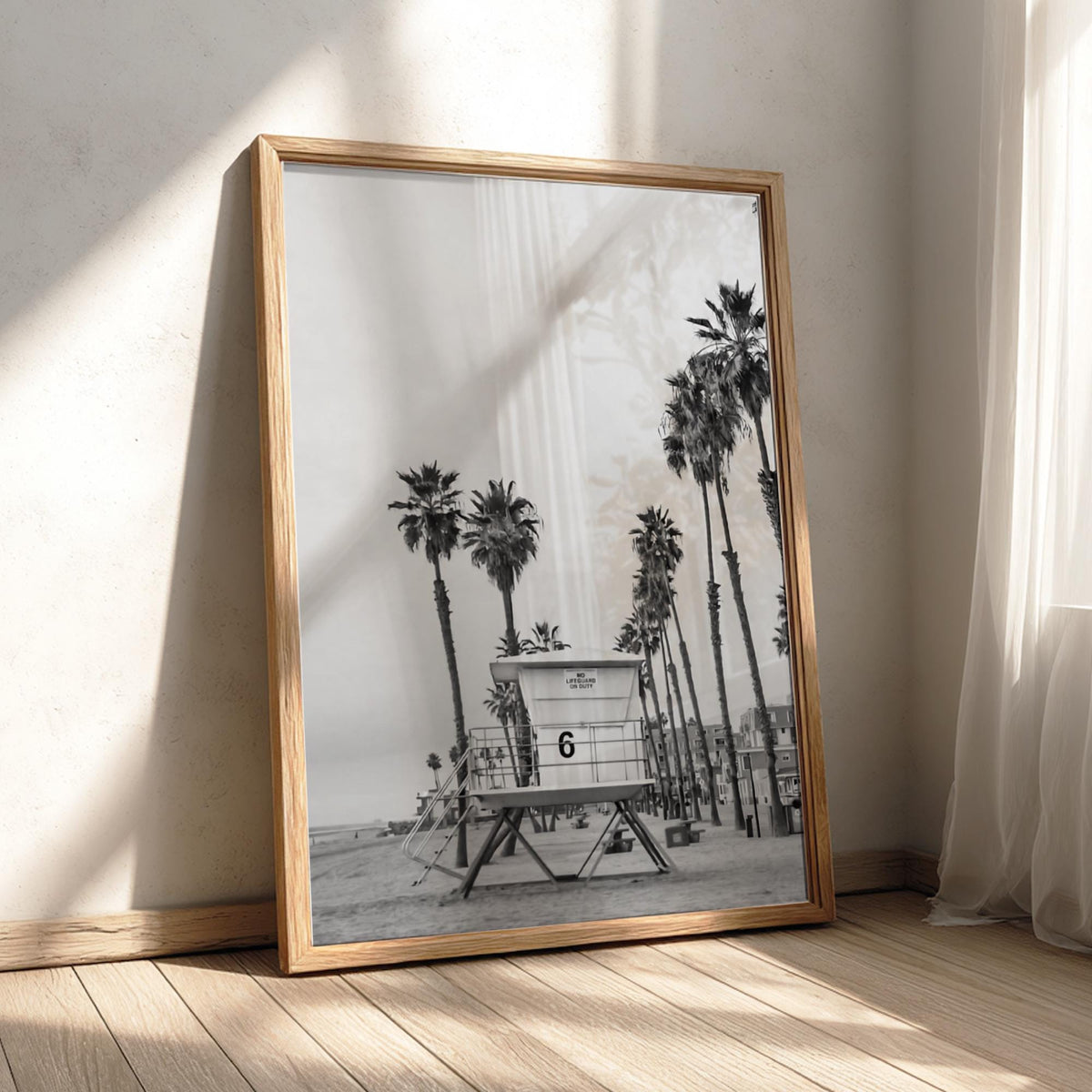 Lifeguard Tower Palm Sunset Poster | Black and White Photography Print | Vintage Beach Wall Art | Retro Coastal Travel Decor