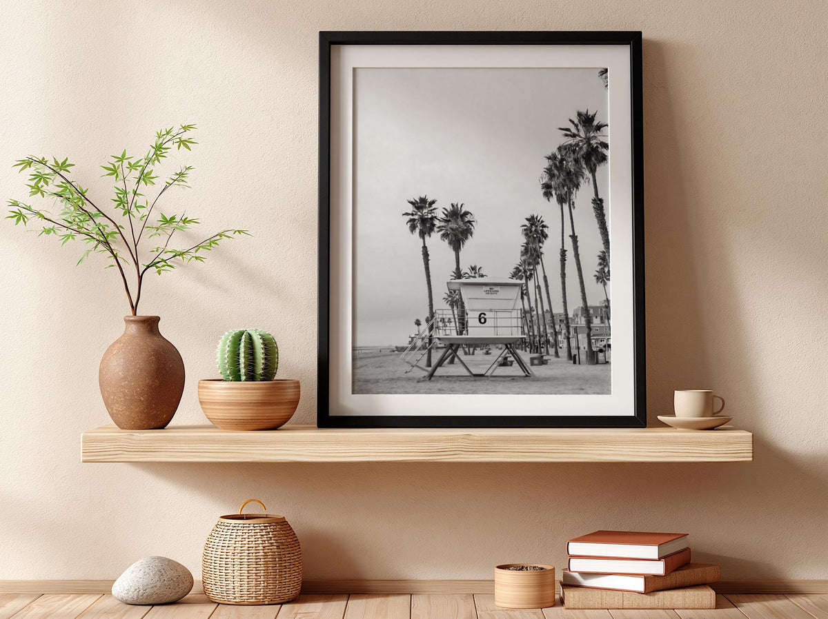 Lifeguard Tower Palm Sunset Poster | Black and White Photography Print | Vintage Beach Wall Art | Retro Coastal Travel Decor