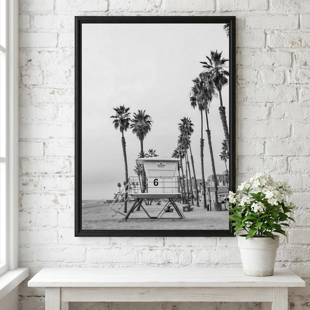 Lifeguard Tower Palm Sunset Poster | Black and White Photography Print | Vintage Beach Wall Art | Retro Coastal Travel Decor