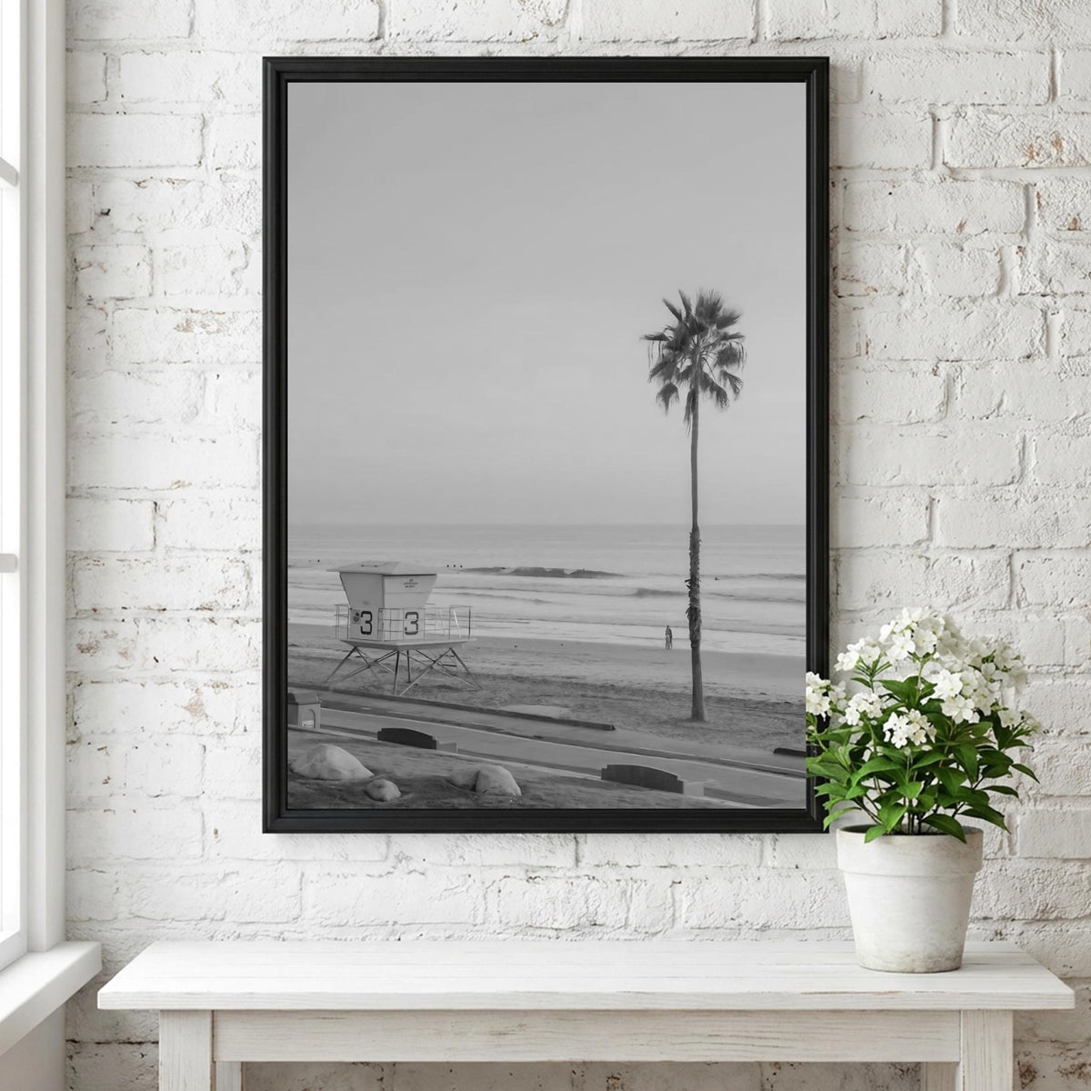 Lifeguard Tower Sunset Beach Poster | Black and White Photography Print | Vintage Coastal Wall Art | Retro Summer Travel Decor