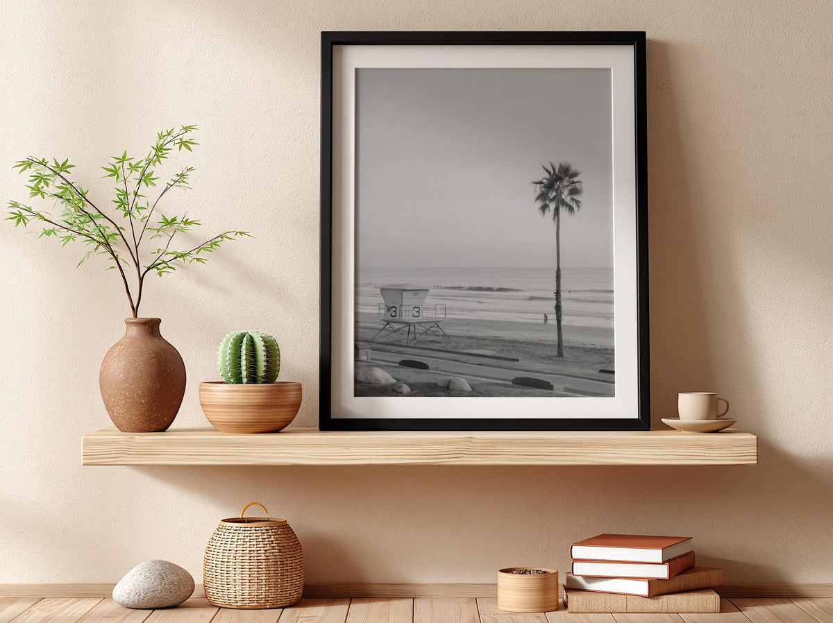 Lifeguard Tower Sunset Beach Poster | Black and White Photography Print | Vintage Coastal Wall Art | Retro Summer Travel Decor