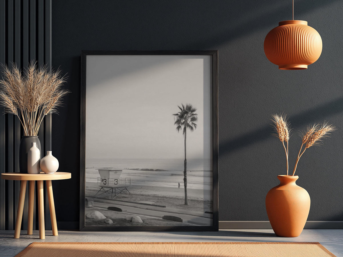 Lifeguard Tower Sunset Beach Poster | Black and White Photography Print | Vintage Coastal Wall Art | Retro Summer Travel Decor