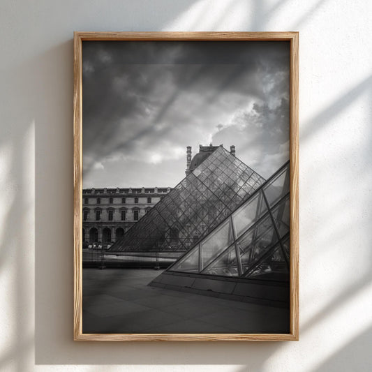 Louvre Glass Pyramid Poster | Black and White Photography Print | Vintage Paris Wall Art | Retro Architecture Travel Decor