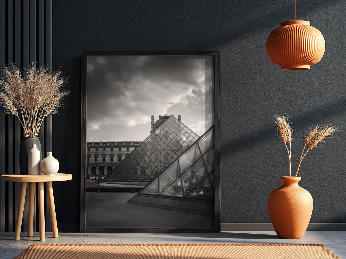 Louvre Glass Pyramid Poster | Black and White Photography Print | Vintage Paris Wall Art | Retro Architecture Travel Decor