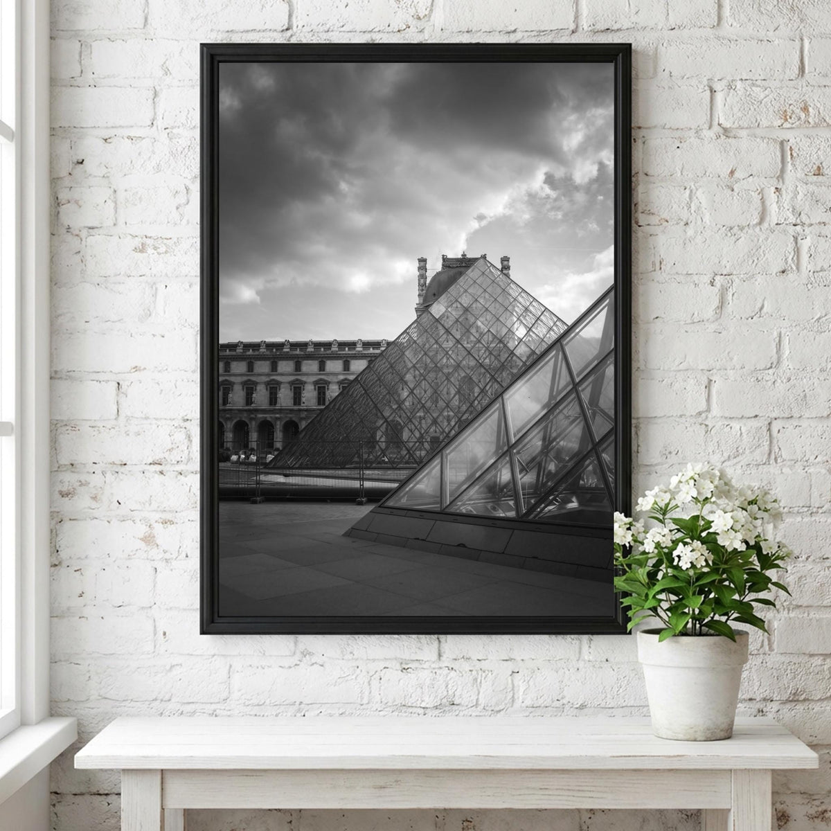 Louvre Glass Pyramid Poster | Black and White Photography Print | Vintage Paris Wall Art | Retro Architecture Travel Decor