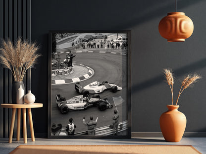 Racing Corner Battle Poster | Black and White Photography Print | Vintage Racing Wall Art | Retro Motorsport Decor