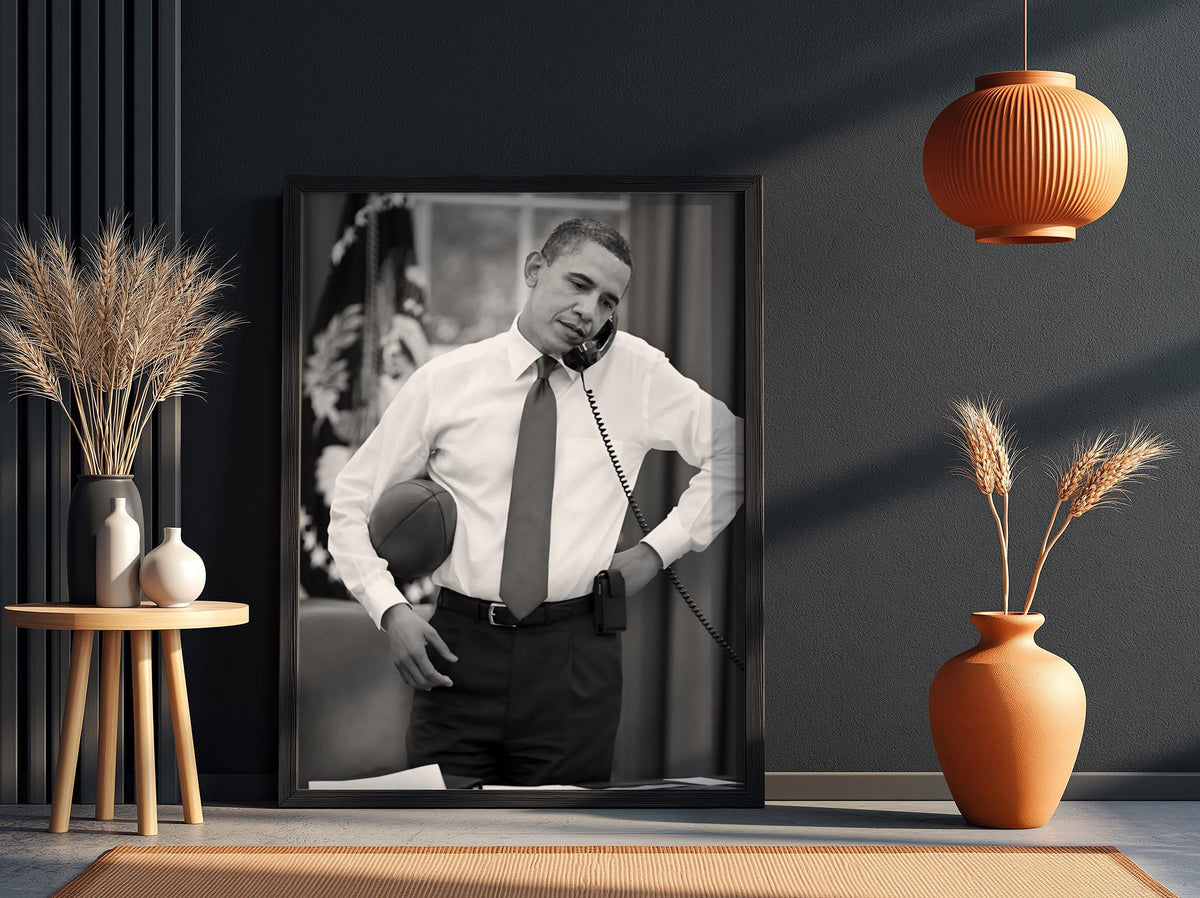 Obama Oval Office Football Poster | Black and White Photography Print | Vintage Presidential Wall Art | Retro History Decor
