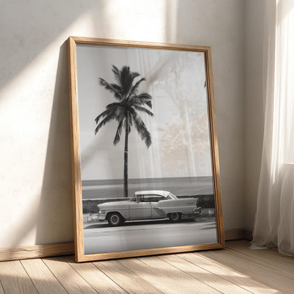 Orange Classic Car Palm Coast Poster | Black and White Photography Print | Vintage Automotive Wall Art | Retro Summer Decor