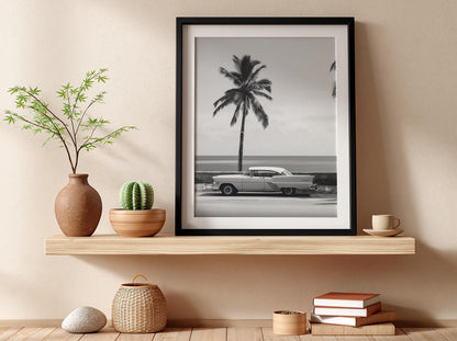 Orange Classic Car Palm Coast Poster | Black and White Photography Print | Vintage Automotive Wall Art | Retro Summer Decor