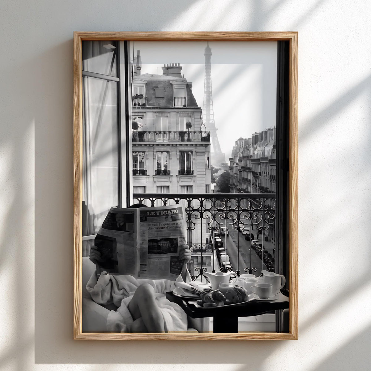 Paris Balcony Eiffel Tower View Poster | Black and White Photography Print | Vintage Paris Wall Art | Retro Travel Decor
