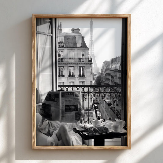 Paris Balcony Eiffel Tower View Poster | Black and White Photography Print | Vintage Paris Wall Art | Retro Travel Decor