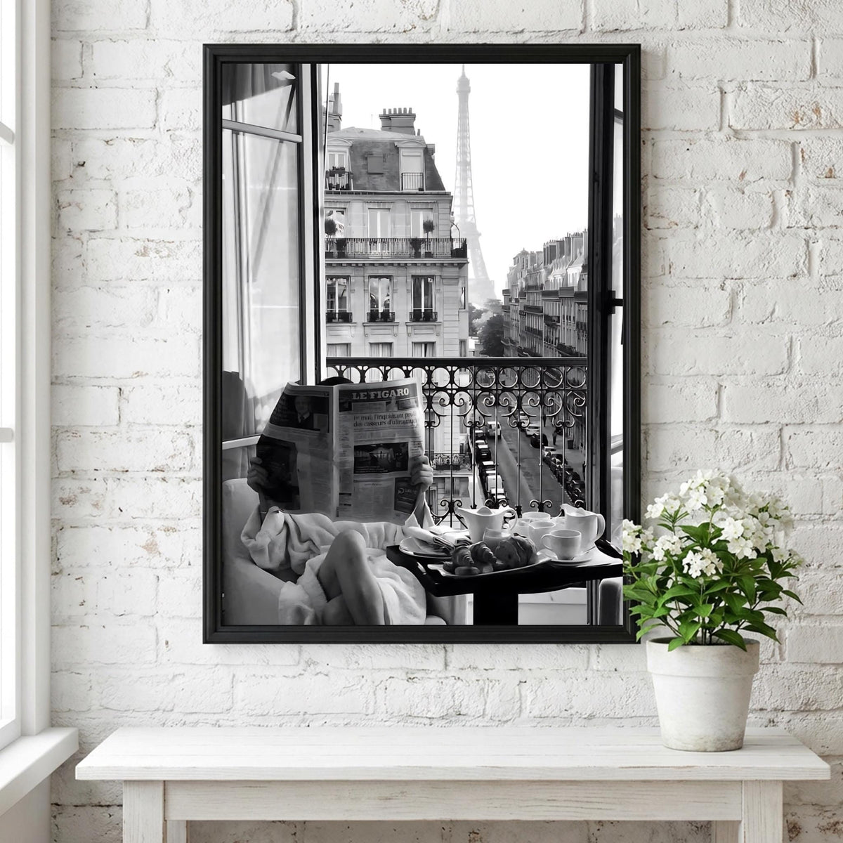 Paris Balcony Eiffel Tower View Poster | Black and White Photography Print | Vintage Paris Wall Art | Retro Travel Decor