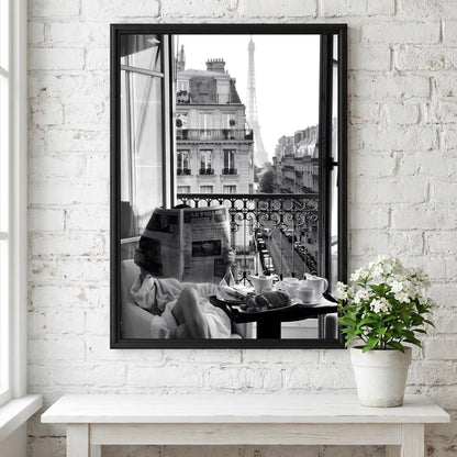 Paris Balcony Eiffel Tower View Poster | Black and White Photography Print | Vintage Paris Wall Art | Retro Travel Decor